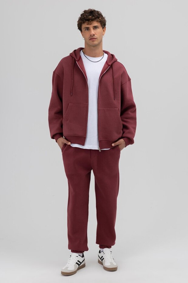 Basic Fermuarlı Oversize Kapüşonlu Sweatshirt Bordo - 6