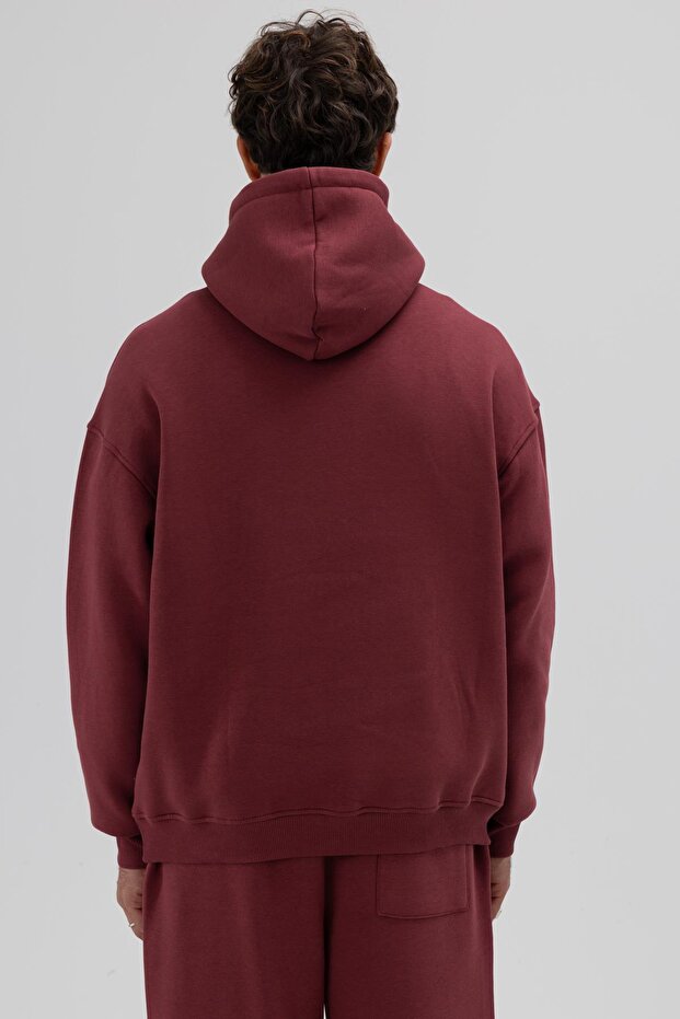 Basic Oversize Kapüşonlu Sweatshirt Bordo - 5
