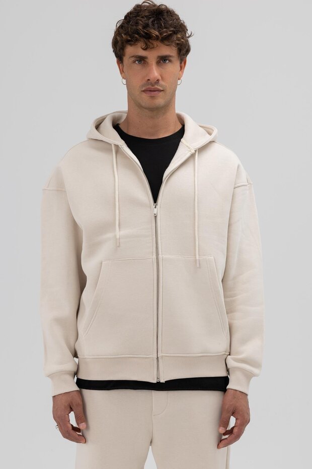 Basic Fermuarlı Oversize Kapüşonlu Sweatshirt Taş - 2