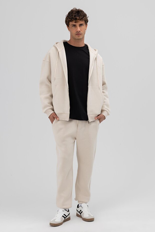 Basic Fermuarlı Oversize Kapüşonlu Sweatshirt Taş - 6