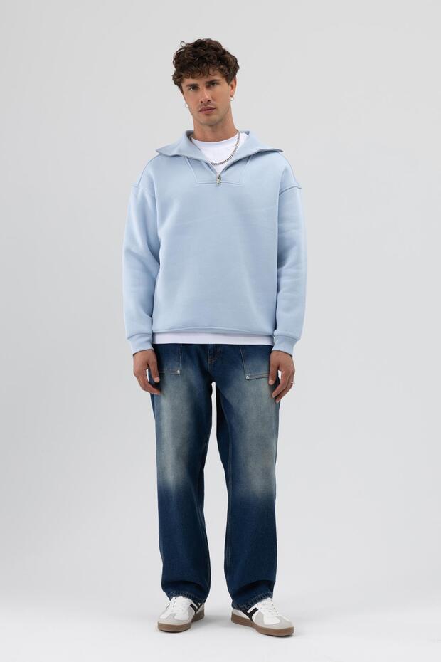 Basic Fermuarlı Dik Yaka Sweatshirt Bebe Mavi - 5
