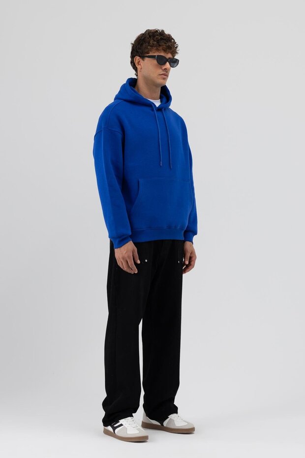 Basic Oversize Kapüşonlu Sweatshirt Saks - 4