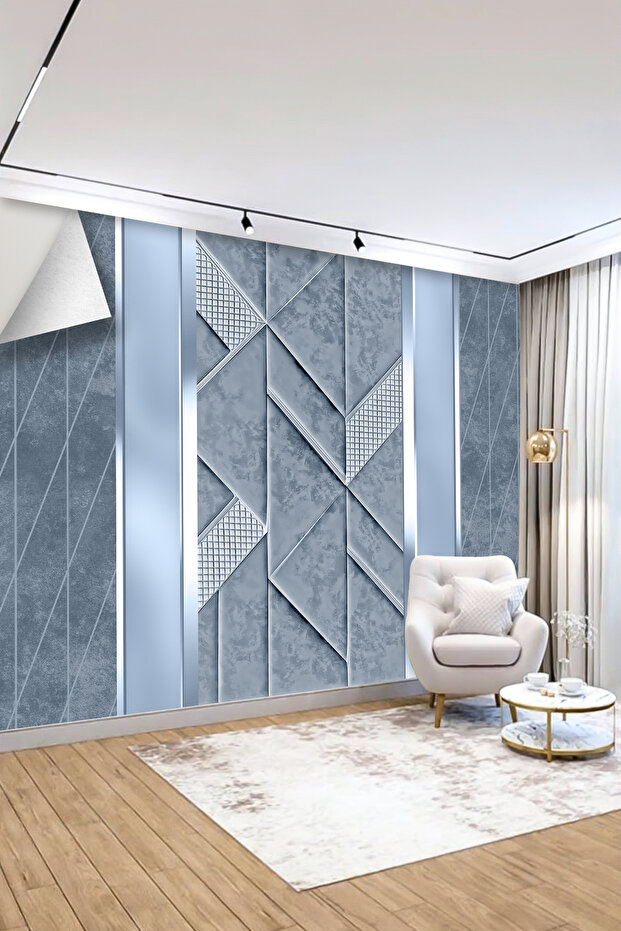 Modern Mavi Geometrik Panelli Tek Parça Duvar Kağıdı - 3
