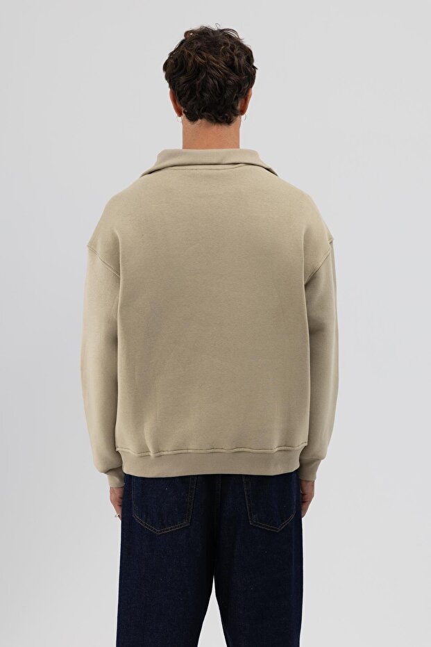 Basic Fermuarlı Dik Yaka Sweatshirt Haki - 4
