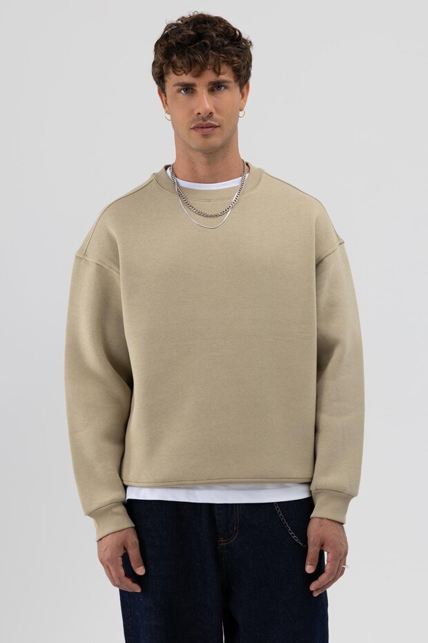 Basic Bisiklet Yaka Oversize Sweatshirt Haki - 7