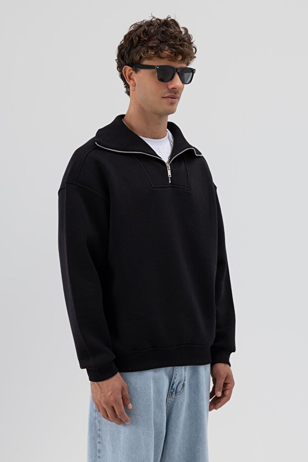 Basic Fermuarlı Dik Yaka Sweatshirt Siyah - 2