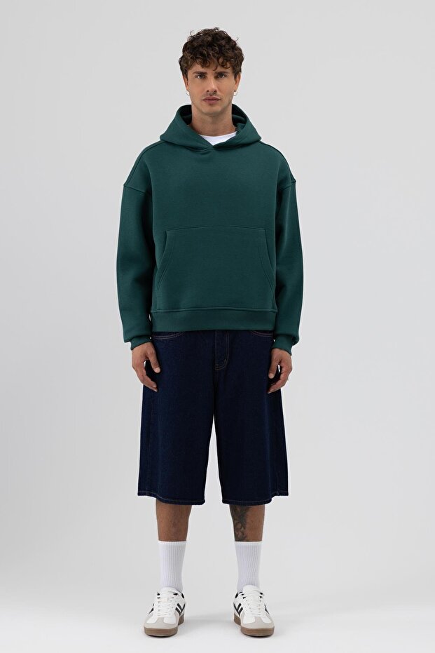 Basic Kapüşonlu Boxy Fit Sweatshirt Nefti - 2