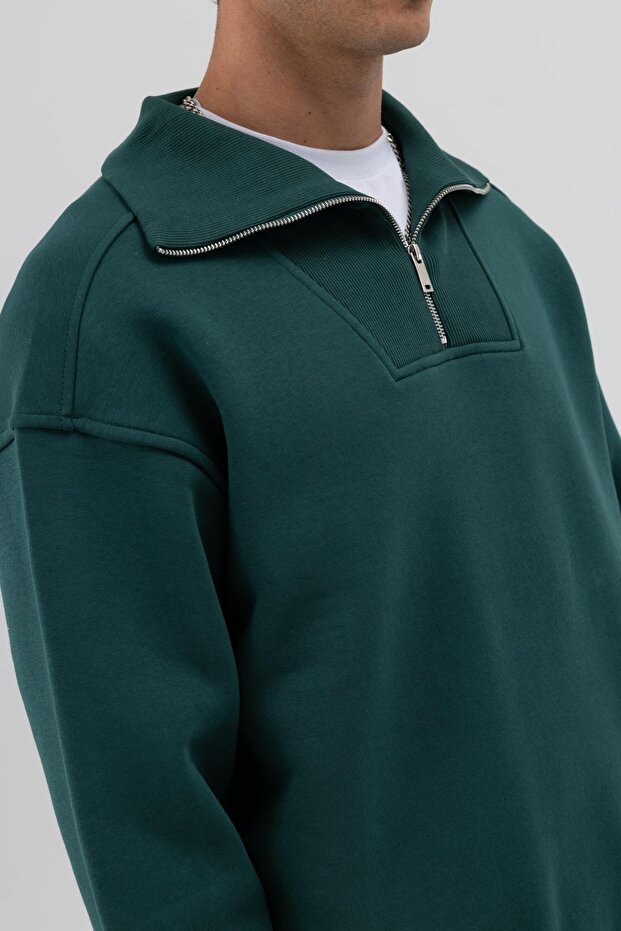 Basic Fermuarlı Dik Yaka Sweatshirt Nefti - 2