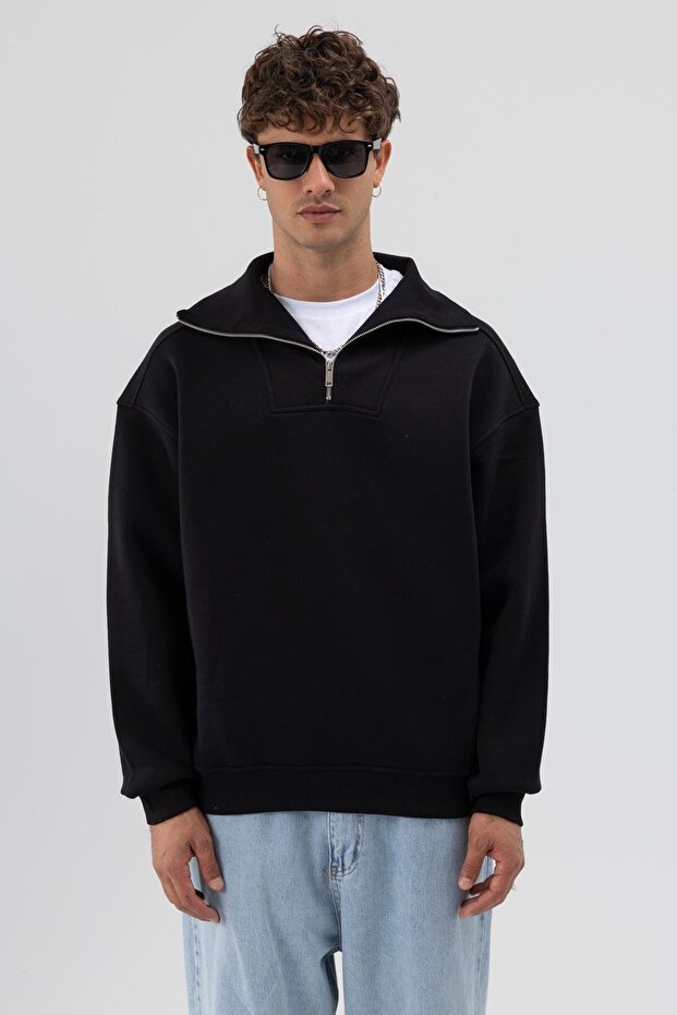 Basic Fermuarlı Dik Yaka Sweatshirt Siyah - 1