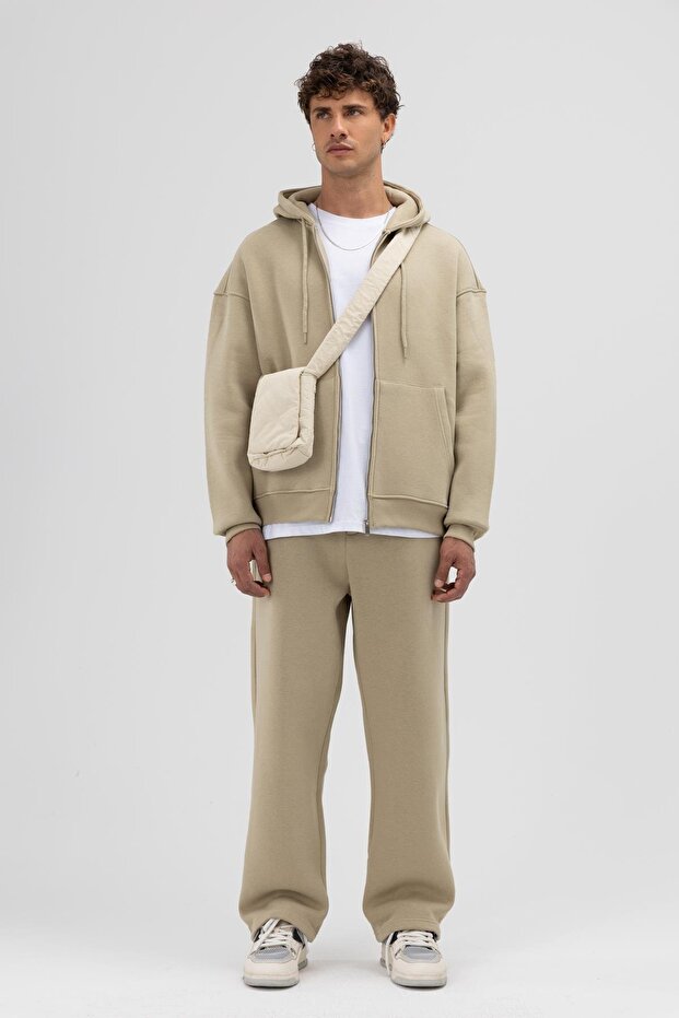 Basic Fermuarlı Oversize Kapüşonlu Sweatshirt Haki - 1