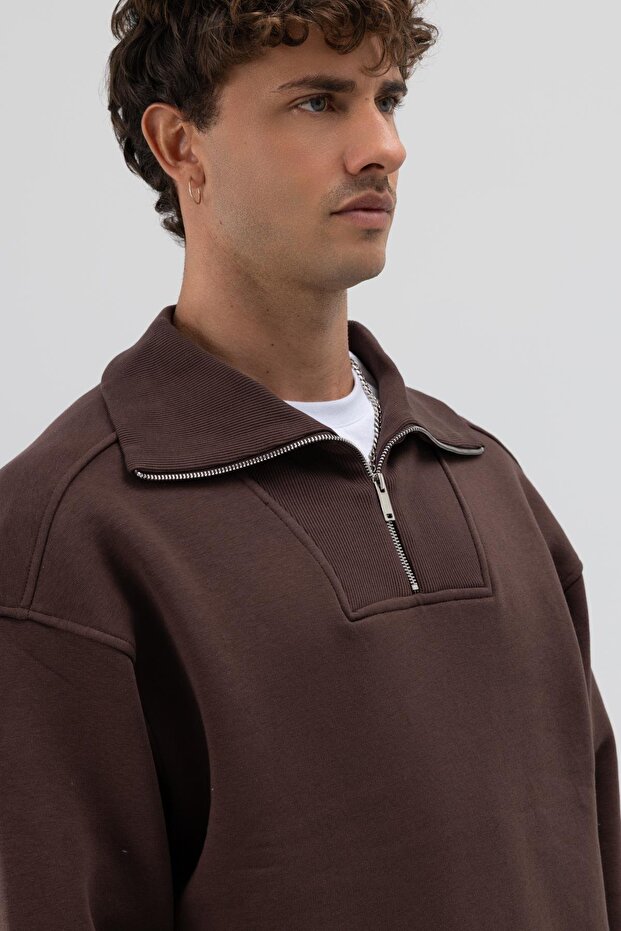 Basic Fermuarlı Dik Yaka Sweatshirt Kahve - 2