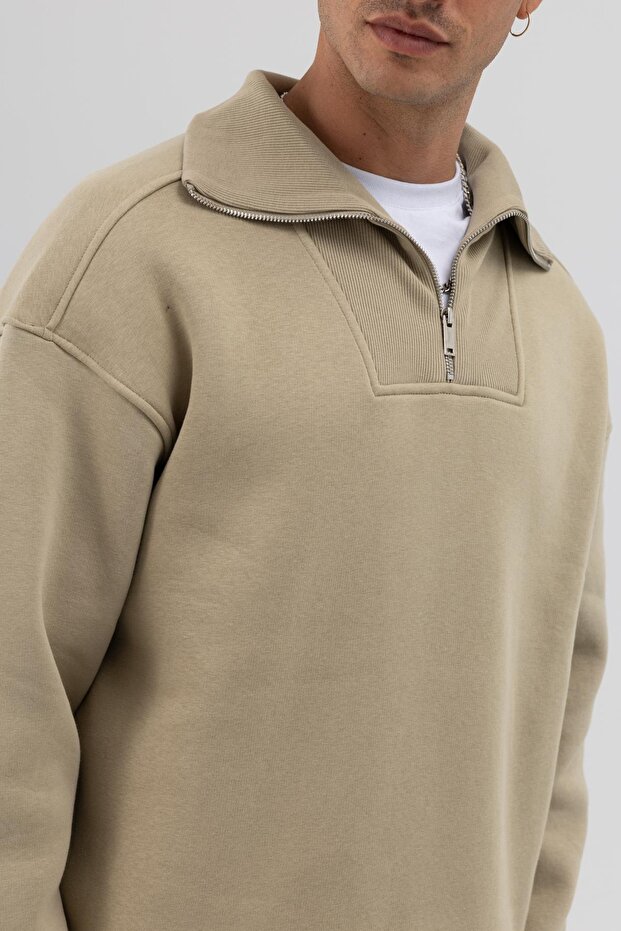 Basic Fermuarlı Dik Yaka Sweatshirt Haki - 3