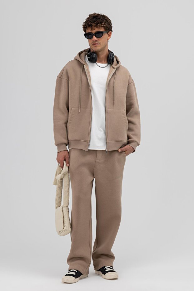 Basic Fermuarlı Oversize Kapüşonlu Sweatshirt Vizon - 1