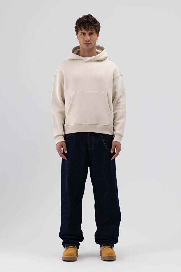 Basic Kapüşonlu Boxy Fit Sweatshirt Taş - 2