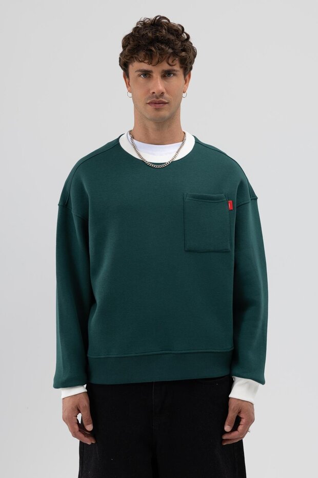 Crew Neck Pocket Detailed Oversize Sweatshirt Nefti