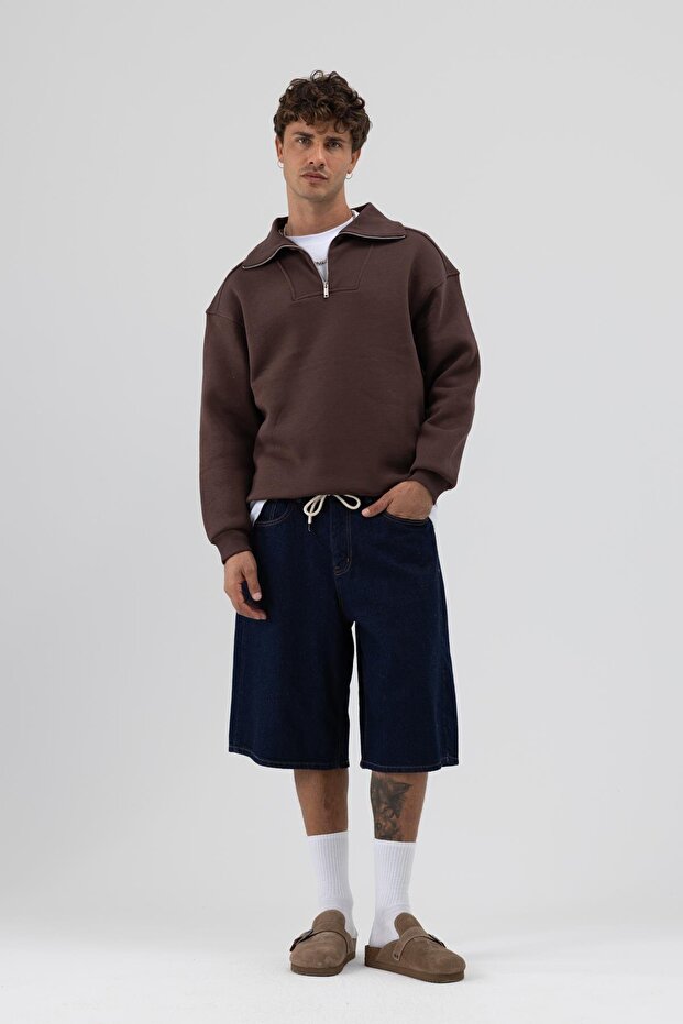 Basic Fermuarlı Dik Yaka Sweatshirt Kahve - 4