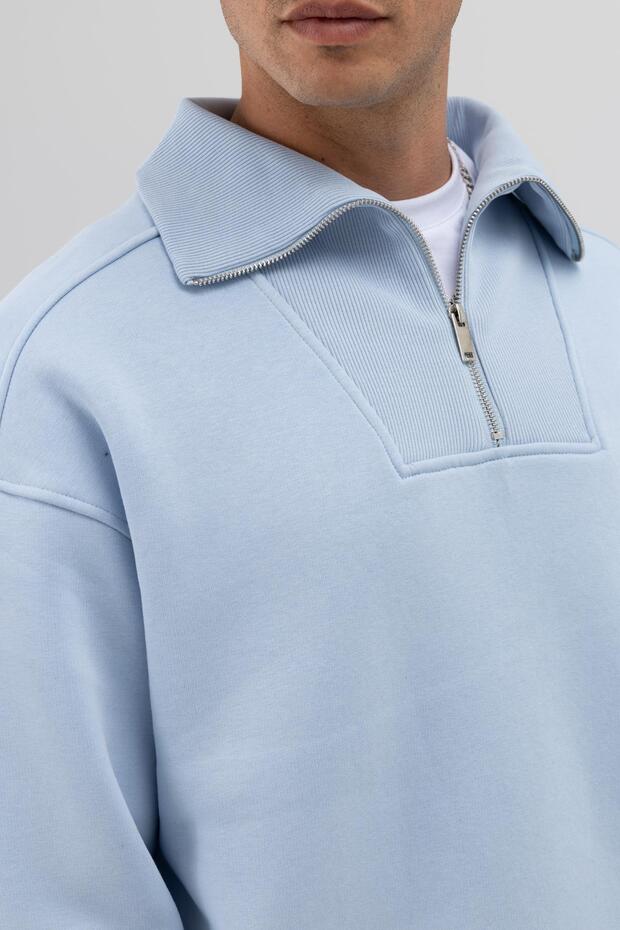 Basic Fermuarlı Dik Yaka Sweatshirt Bebe Mavi - 3