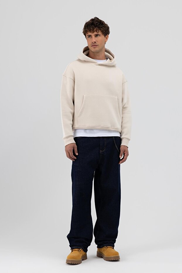 Basic Kapüşonlu Boxy Fit Sweatshirt Taş - 1