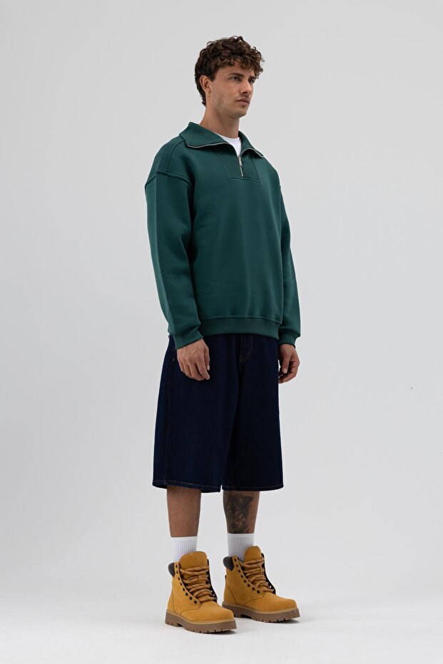 Basic Fermuarlı Dik Yaka Sweatshirt Nefti - 6