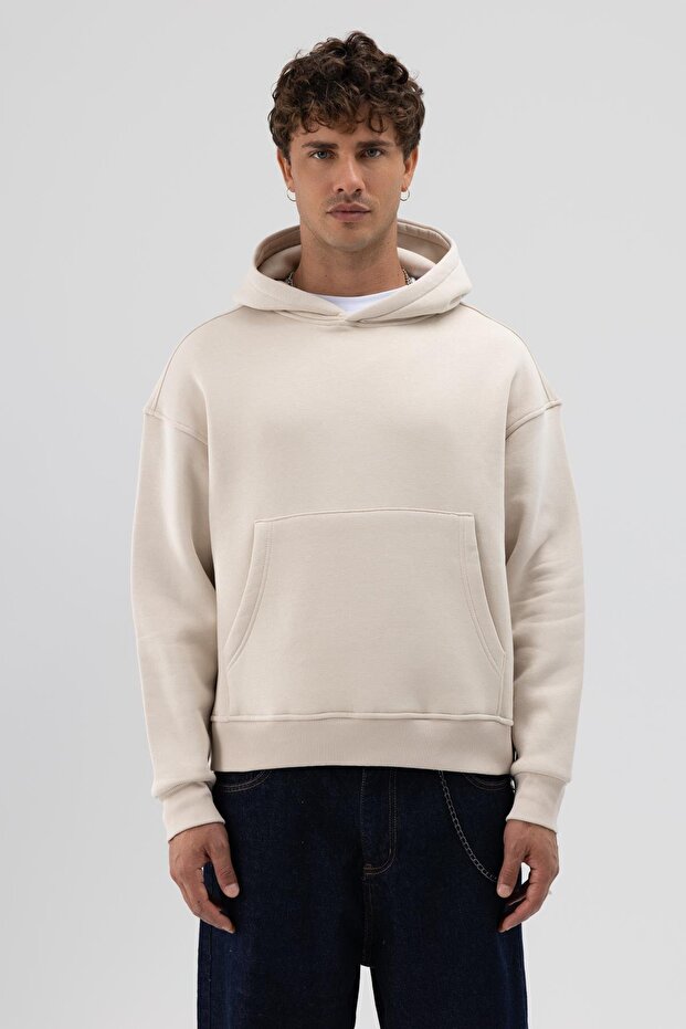 Basic Kapüşonlu Boxy Fit Sweatshirt Taş - 3