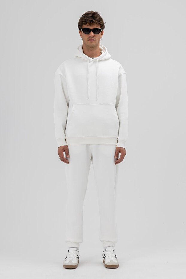 Basic Oversize Kapüşonlu Sweatshirt Ekru - 1