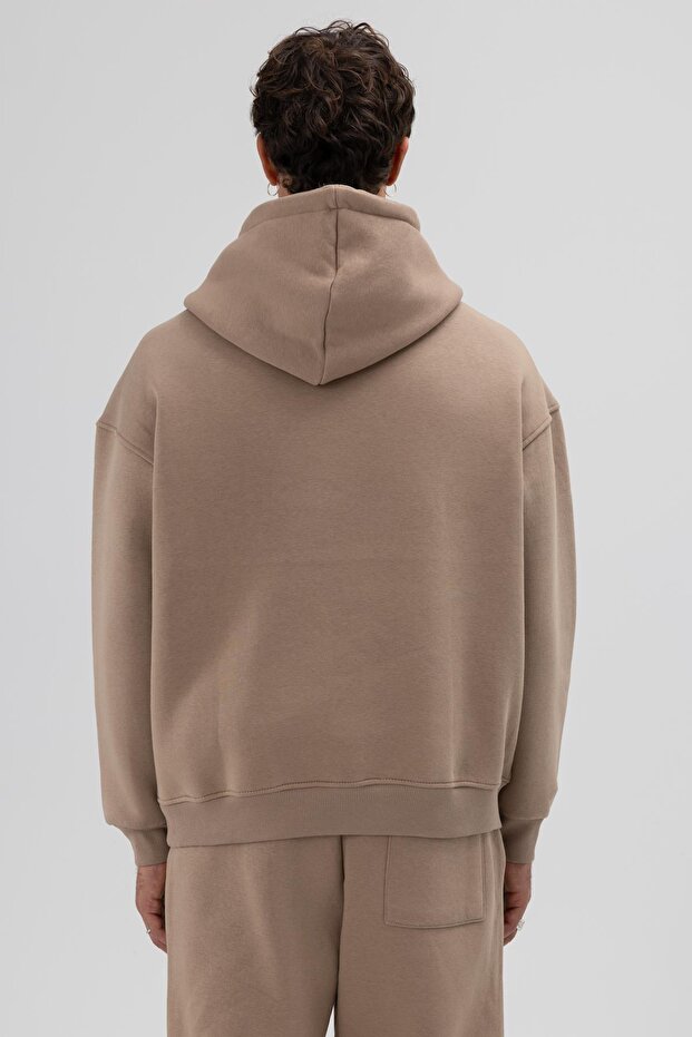 Basic Oversize Kapüşonlu Sweatshirt Vizon - 5