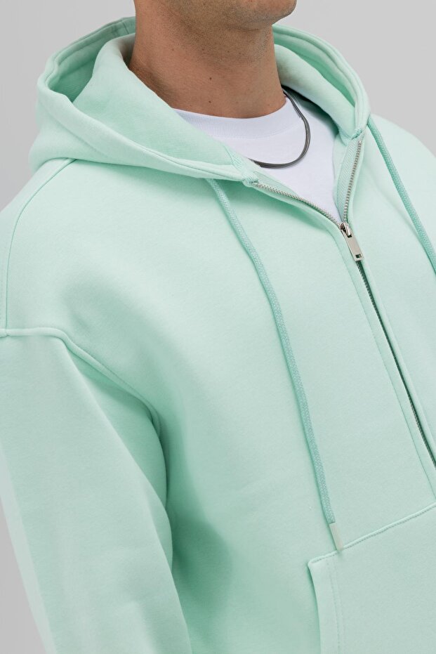Basic Fermuarlı Oversize Kapüşonlu Sweatshirt Mint - 3