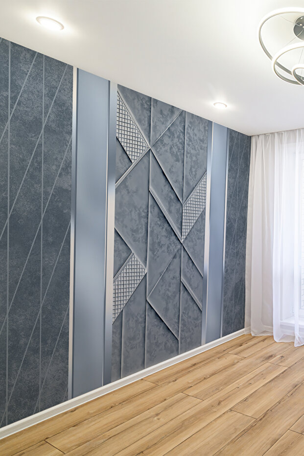 Modern Mavi Geometrik Panelli Tek Parça Duvar Kağıdı - 1