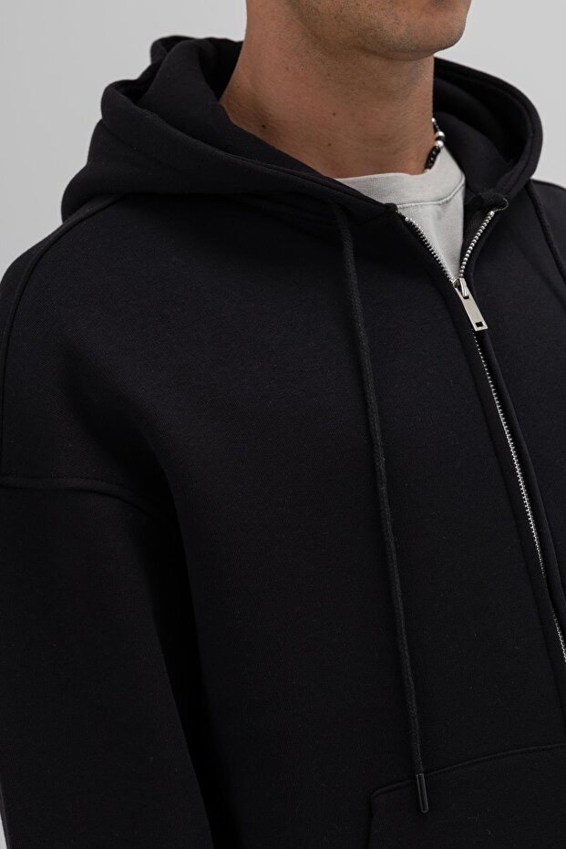 Basic Fermuarlı Oversize Kapüşonlu Sweatshirt Siyah - 3