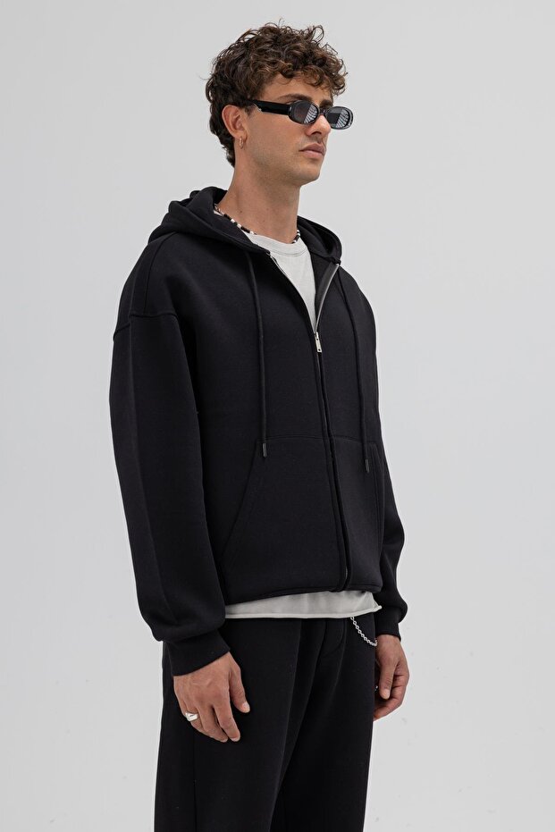 Basic Fermuarlı Oversize Kapüşonlu Sweatshirt Siyah - 5