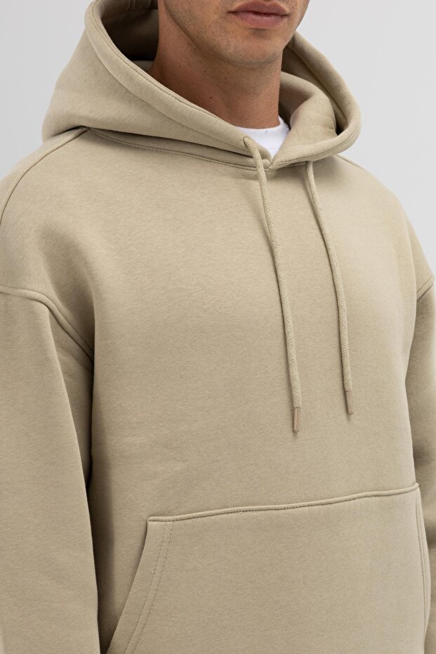 Basic Oversize Kapüşonlu Sweatshirt Haki - 3