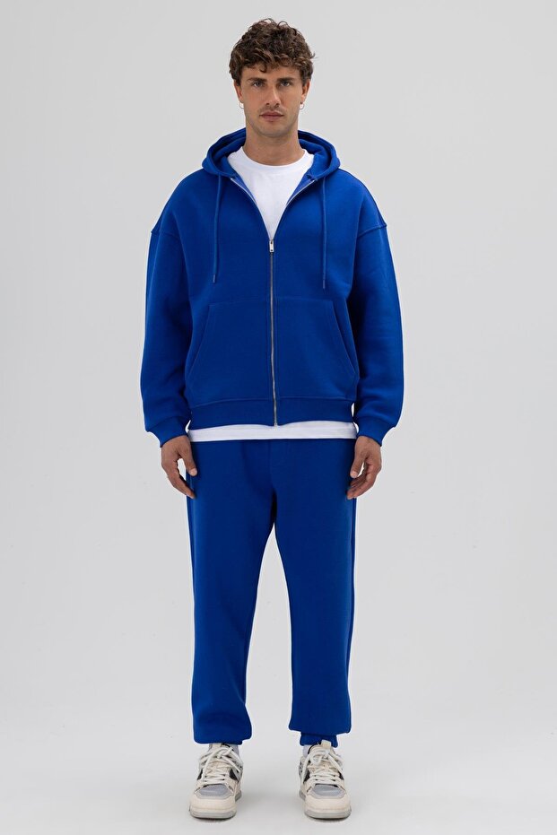 Basic Fermuarlı Oversize Kapüşonlu Sweatshirt Saks - 1