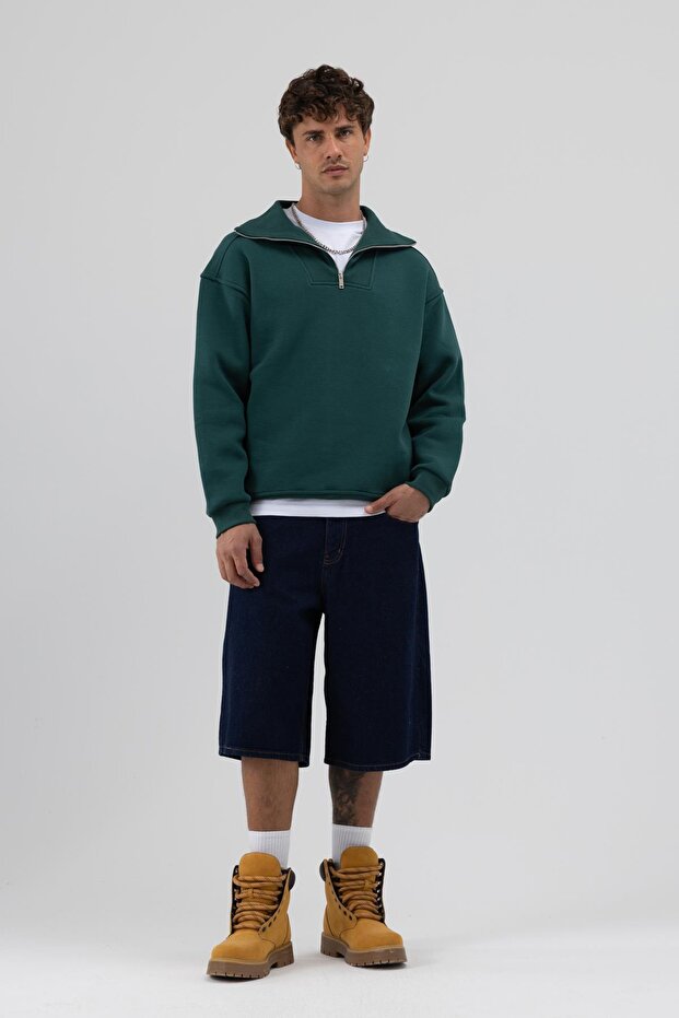 Basic Fermuarlı Dik Yaka Sweatshirt Nefti - 4