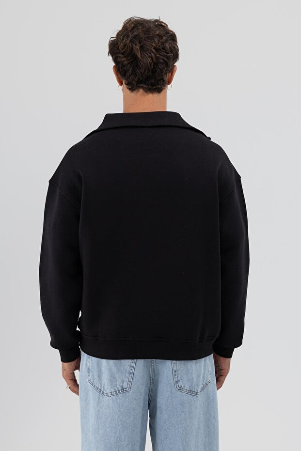 Basic Fermuarlı Dik Yaka Sweatshirt Siyah - 4
