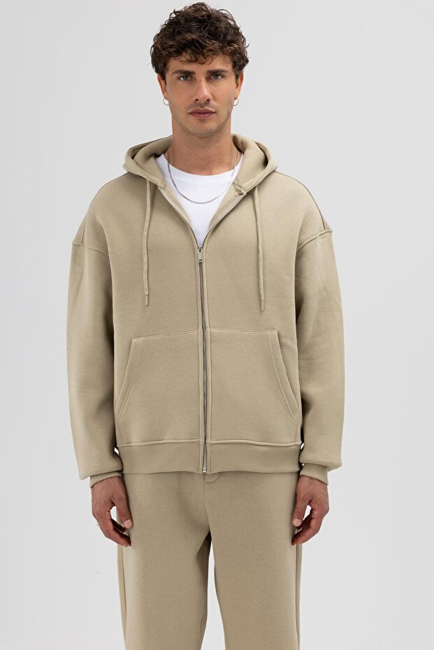 Basic Fermuarlı Oversize Kapüşonlu Sweatshirt Haki - 3