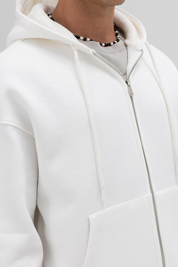 Basic Fermuarlı Oversize Kapüşonlu Sweatshirt Ekru - 4