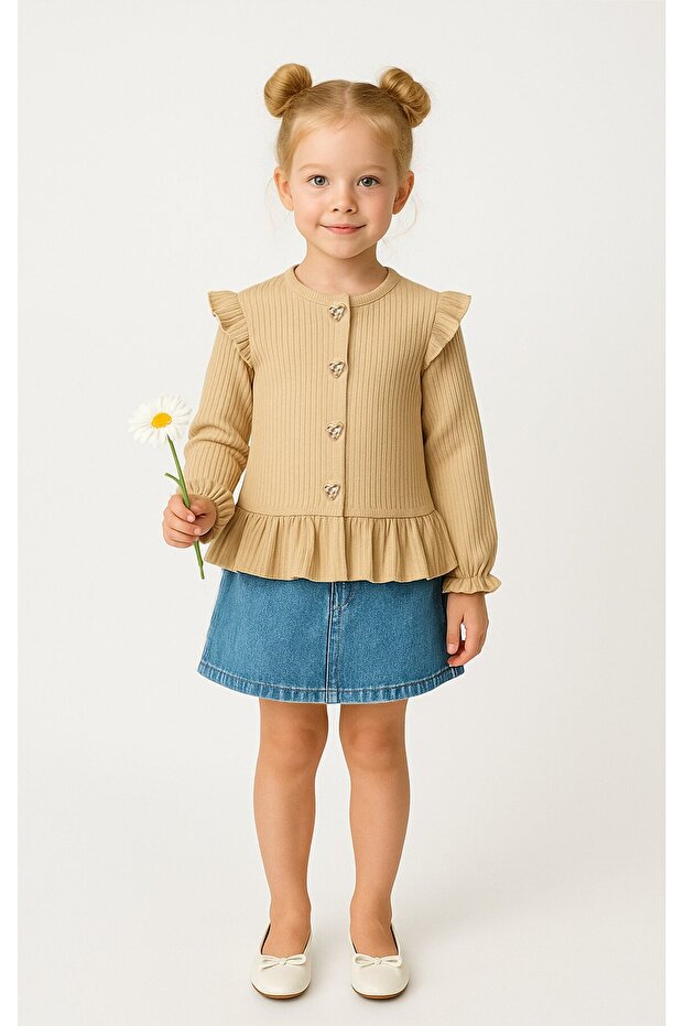 Ruffled Corduroy Girls' Long Sleeve Cardigan