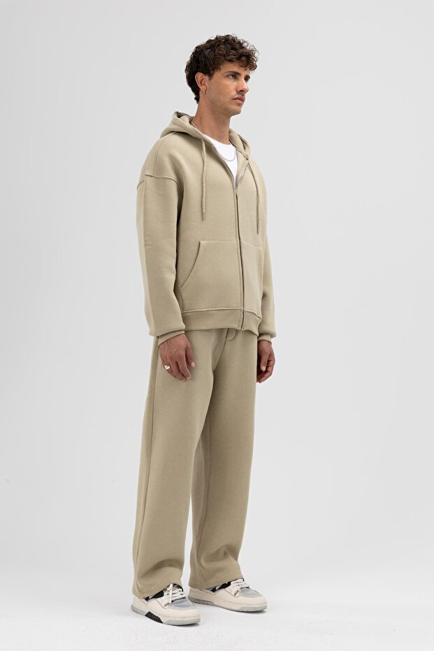 Basic Fermuarlı Oversize Kapüşonlu Sweatshirt Haki - 4