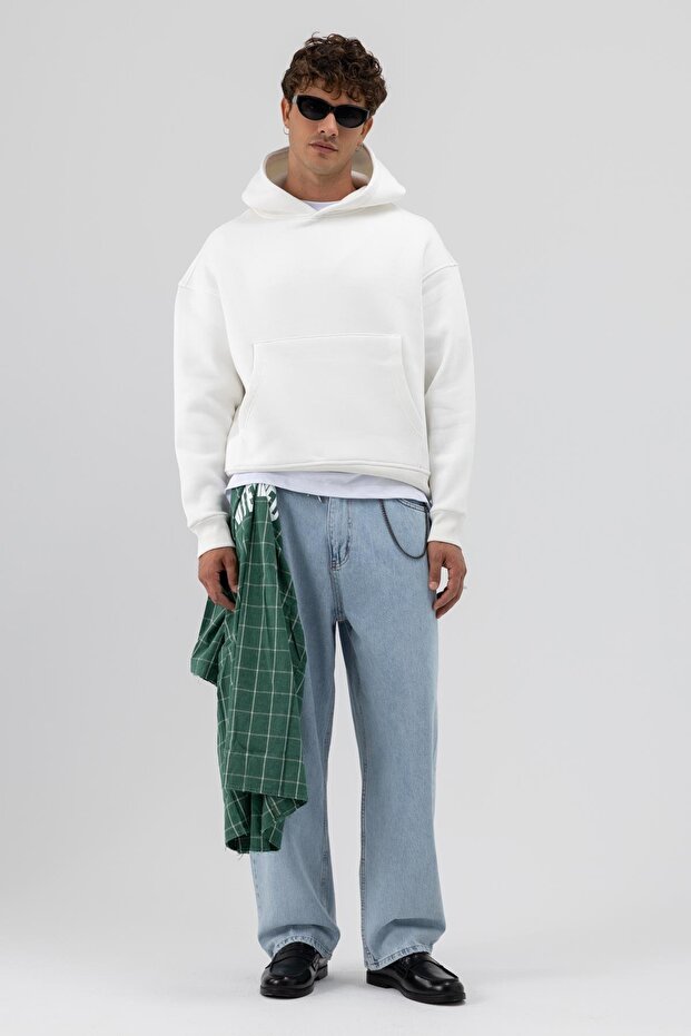 Basic Kapüşonlu Boxy Fit Sweatshirt Ekru - 1