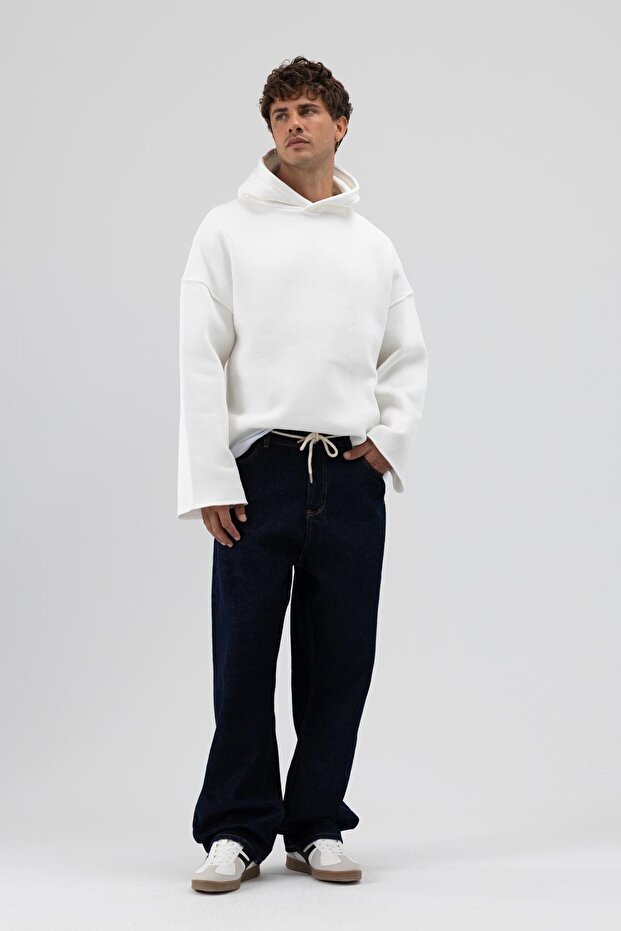Basic Oversize Dikişsiz Kapüşonlu Sweatshirt Ekru - 4