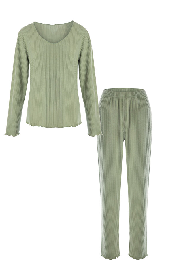 Women's Soft Textured Ribbed Ornamental Stitching Soft Touch Pajama Set