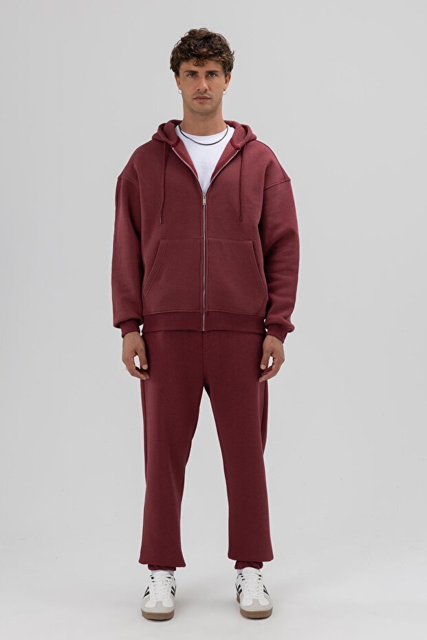 Basic Fermuarlı Oversize Kapüşonlu Sweatshirt Bordo - 1