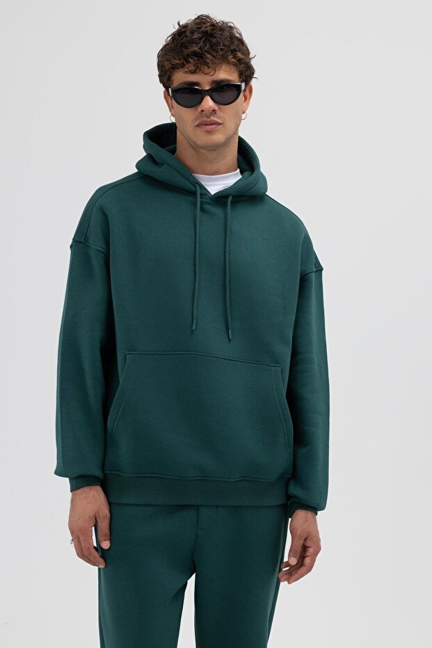 Basic Oversize Kapüşonlu Sweatshirt Nefti - 4