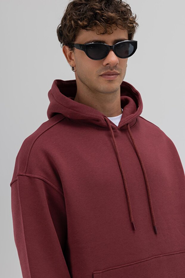 Basic Oversize Kapüşonlu Sweatshirt Bordo - 4