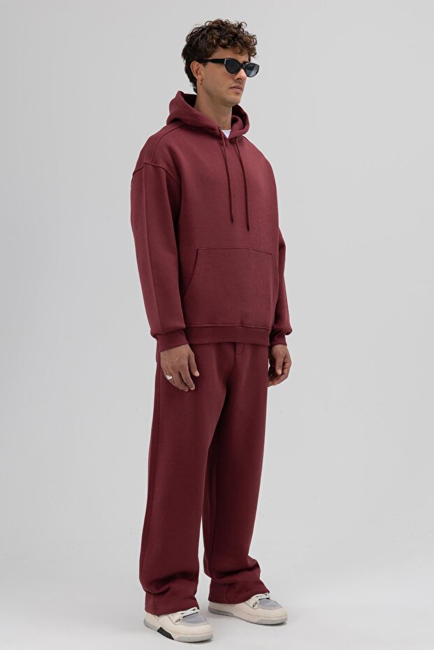 Basic Oversize Kapüşonlu Sweatshirt Bordo - 3