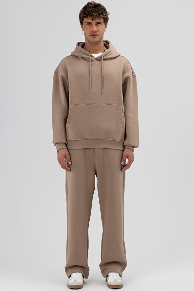 Basic Oversize Kapüşonlu Sweatshirt Vizon - 1