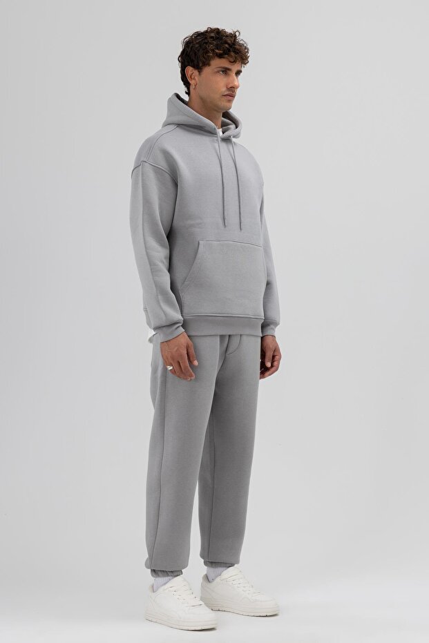 Basic Oversize Kapüşonlu Sweatshirt Gri - 2