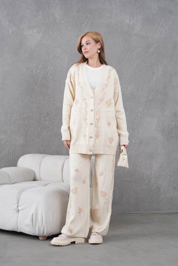 Women's Beaded Embroidered Wide-Fit Knit Cardigan and Pants Top and Bottom Set