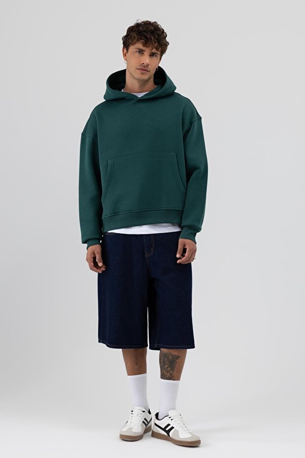 Basic Kapüşonlu Boxy Fit Sweatshirt Nefti - 1
