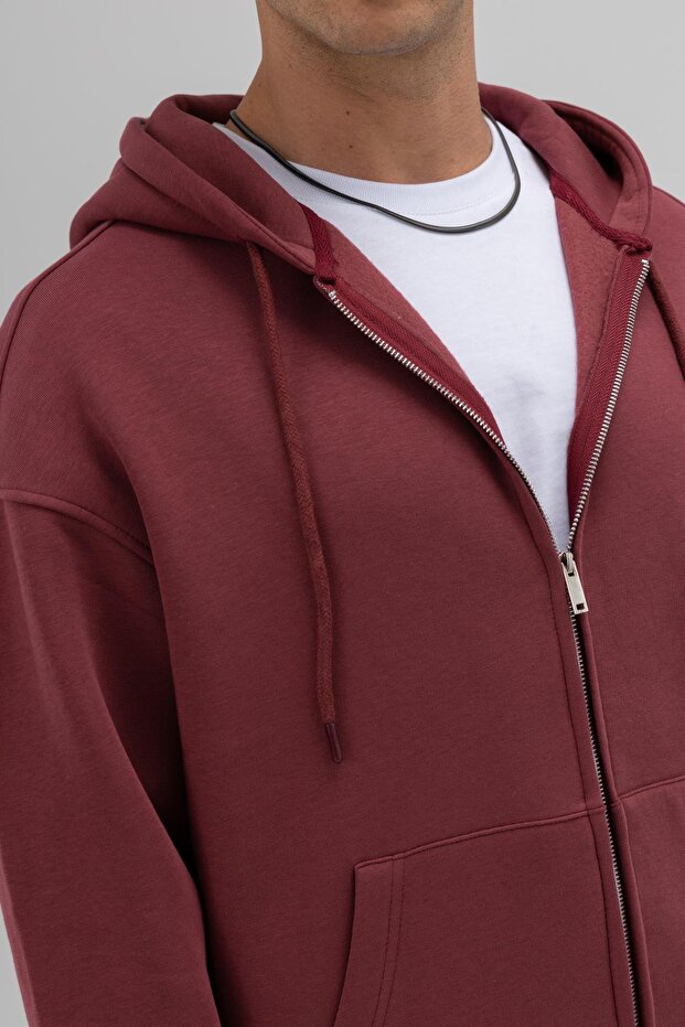 Basic Fermuarlı Oversize Kapüşonlu Sweatshirt Bordo - 4